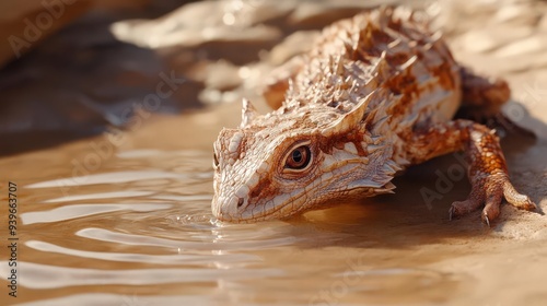 4K Realistic Thorny devil lizard drinking water through skin, desert scene, photo