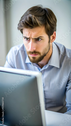 Portrait of confused man looking at computer screen. Puzzled employee, office worker, student or hipster feeling dumb and stupid trying to understand hard complicated stuff or fix PC software problem