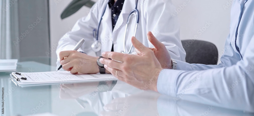 Doctor consulting patient in clinic. Female physician is writing notes while talking with a man wearing blue shirt, close up. Medicine concept