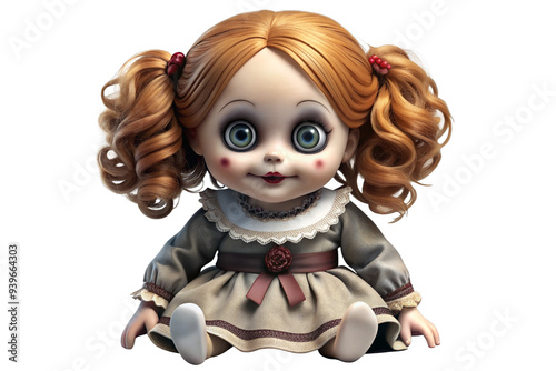 A creepy porcelain doll with large eyes and a sinister smile sits on a transparent background. This image is perfect for Halloween, horror, or spooky projects. The doll's innocent appearance contrasts