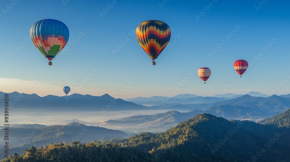 Fototapeta premium Vibrant hot air balloons soar gracefully over the majestic mountain peaks of Dot Inthanon, casting an enchanting tapestry against the clear blue sky of Chiang Mai, Thailand. 