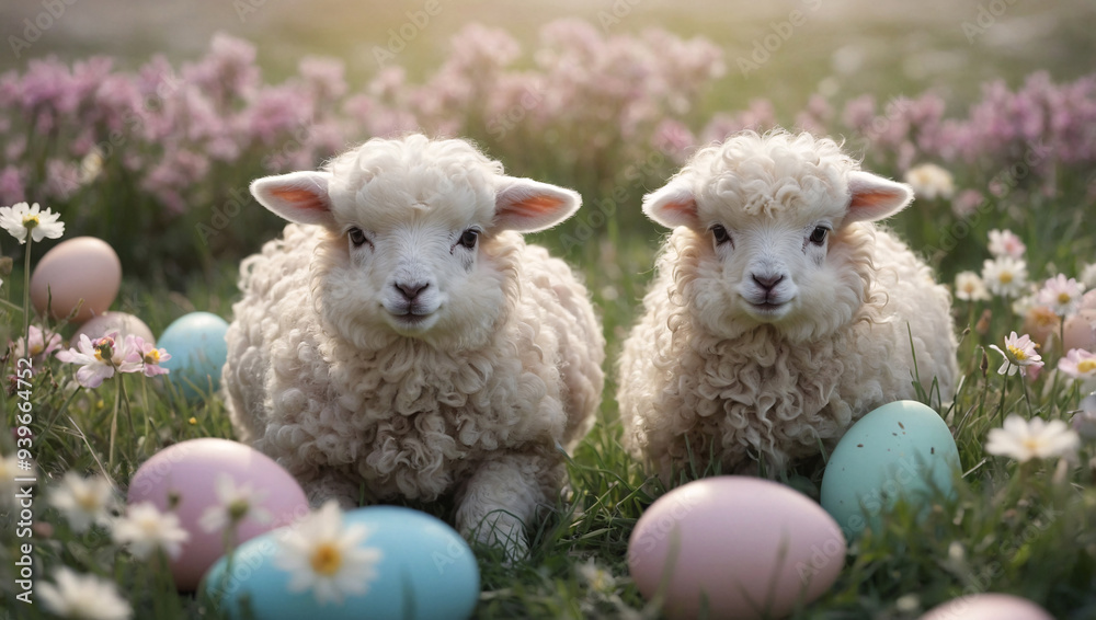 Obraz premium An adorable illustration of fluffy lambs playing in a field of flowers, with pastel-colored Easter eggs scattered around, drawn in soft