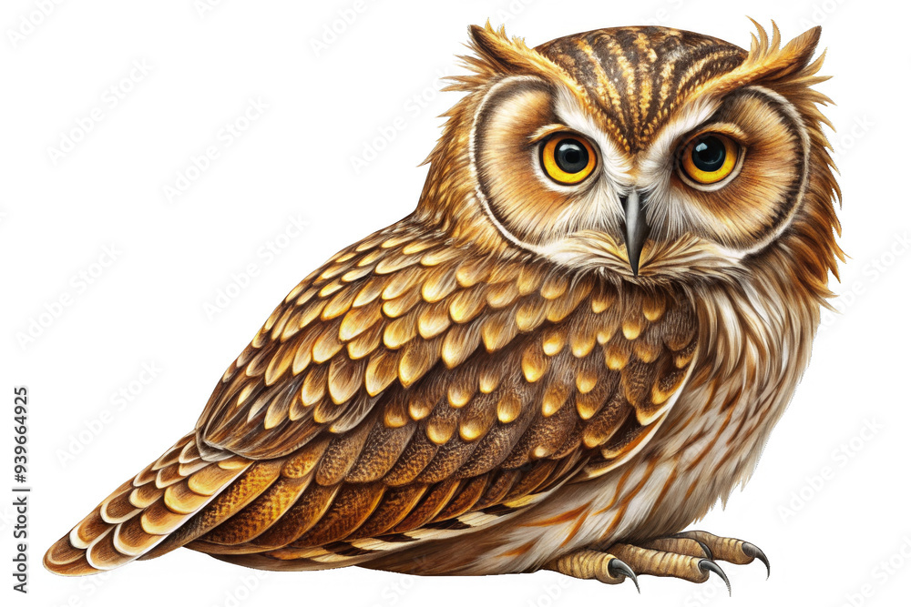 Obraz premium A wise owl with sharp, piercing eyes, symbolizing knowledge, wisdom, and the ability to see in the dark. The detailed engraving highlights the intricate patterns of its feathers, representing beauty a