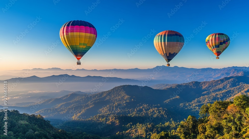 Fototapeta premium Vibrant hot air balloons soar gracefully over the majestic mountain peaks of Dot Inthanon, casting an enchanting tapestry against the clear blue sky of Chiang Mai, Thailand. 