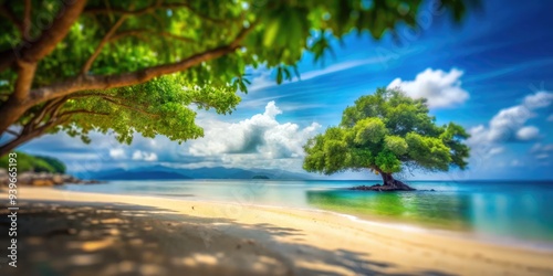 Blurry view of a tranquil beach and tree against a vibrant sky. Generative AI