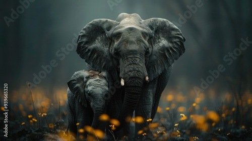 Elephant Mother with Calf in Natural Habitat photo