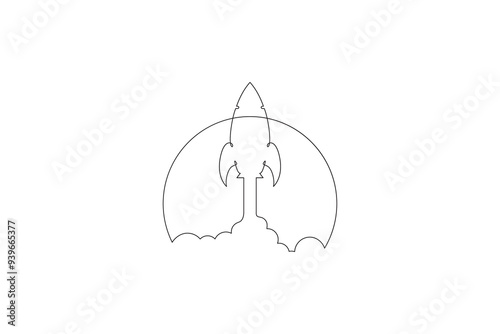 Fototapeta Naklejka Na Ścianę i Meble -  Continuous one line drawing spaceship flyby around the planet. Rocket launch. Space logo.One continuous line isolated minimal illustration.