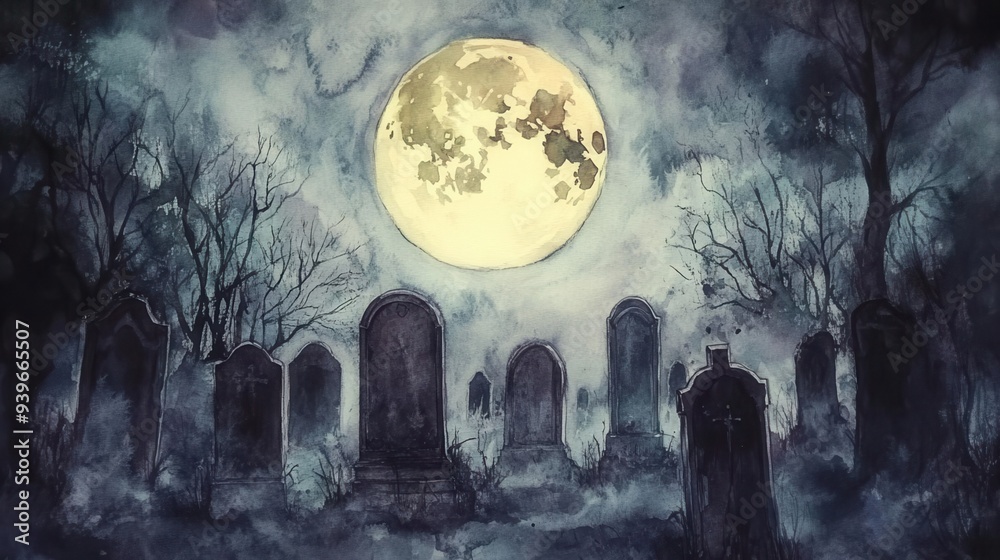 A haunting graveyard scene under a full moon, surrounded by twisted trees and fog, evoking mystery and a sense of the eerie. A haunting graveyard scene under a full moon, surrounded by twisted trees and fog, evoking mystery and a sense of the eerie.
