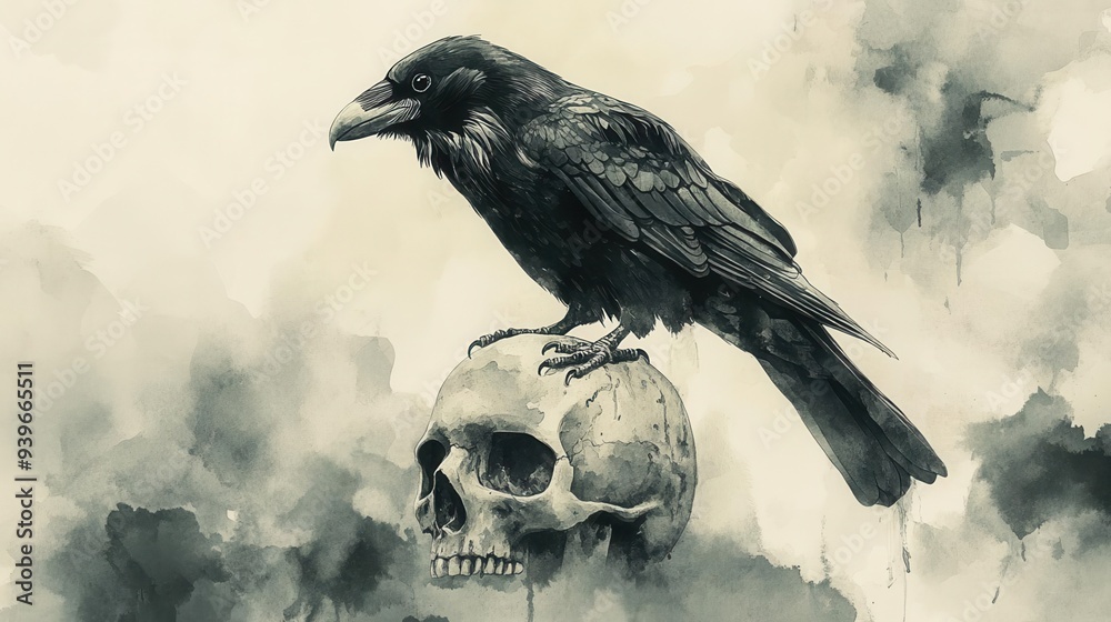 Fototapeta premium A haunting illustration of a raven perched on a skull, set against a misty background, evoking themes of mortality and mystery.
