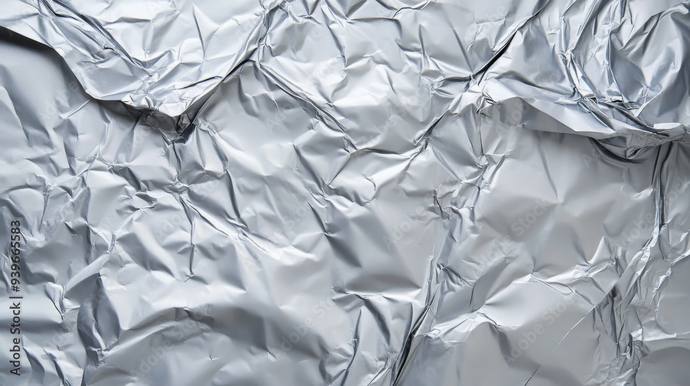 A textured background of silver-gray aluminum foil, with soft creases and wrinkles reflecting light. Metallic foil surface in a shiny and dynamic effect. A textured background of silver-gray aluminum foil, with soft creases and wrinkles reflecting light. Metallic foil surface in a shiny and dynamic effect.