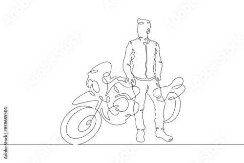 Continuous one line drawing biker standing by his motorcycle. Motorcyclist by his bike. Motorcycle racing driver. One continuous line isolated minimal illustration.