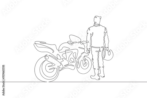 Continuous one line drawing biker standing by his motorcycle. Motorcyclist by his bike. Motorcycle racing driver. One continuous line isolated minimal illustration.