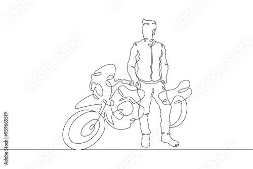 Continuous one line drawing biker standing by his motorcycle. Motorcyclist by his bike. Motorcycle racing driver. One continuous line isolated minimal illustration.