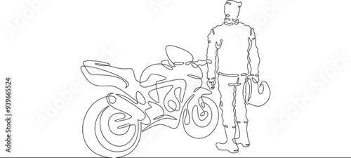 Continuous one line drawing biker standing by his motorcycle. Motorcyclist by his bike. Motorcycle racing driver. One continuous line isolated minimal illustration.