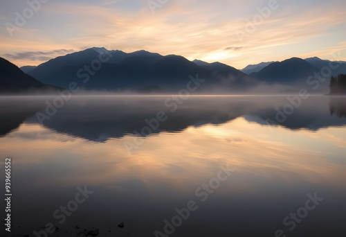 Serene Lake at Sunrise: A calm lake reflecting the soft hues of dawn, surrounded by misty mountains.