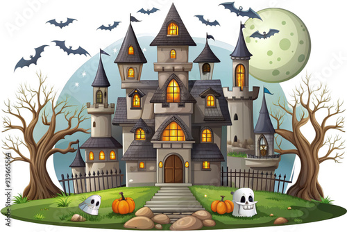 A charming haunted castle illustration perfect for Halloween designs, featuring a spooky castle with glowing windows, bats flying around a full moon, a graveyard with ghosts and pumpkins, and a whimsi photo