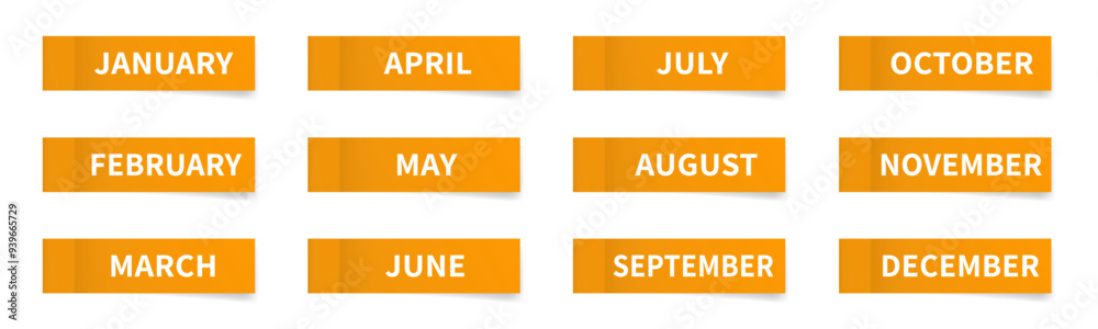 Months of the year. Set of thin paper stickers. Orange stick in notes. Sheets of paper. Tag, sticky note. Calendar or planner, schedule organizer. Twelve months Months of the year. Set of thin paper stickers. Orange stick in notes. Sheets of paper. Tag, sticky note. Calendar or planner, schedule organizer. Twelve months