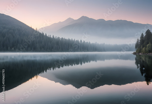 Serene Lake at Sunrise: A calm lake reflecting the soft hues of dawn, surrounded by misty mountains.