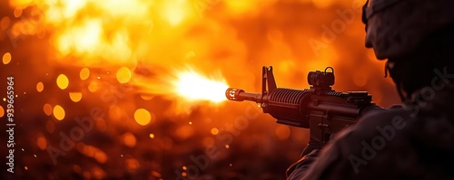 Closeup of a militarygrade flamethrower igniting a battlefield, Infantry Weaponry, Devastating ground assault photo