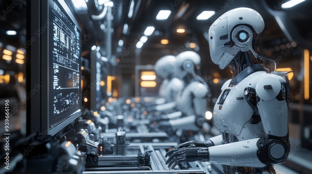 A futuristic factory where robots and AI-powered systems are working together seamlessly, showcasing the potential for AI to revolutionize manufacturing A futuristic factory where robots and AI-powered systems are working together seamlessly, showcasing the potential for AI to revolutionize manufacturing