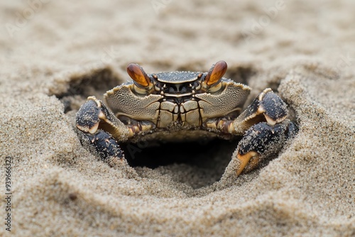 Crab emerging from its hole in the sand, detailed macro shot, Beach Photography, Life on the Shore photo