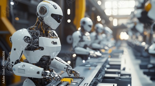 A futuristic factory where robots and AI-powered systems are working together seamlessly, showcasing the potential for AI to revolutionize manufacturing