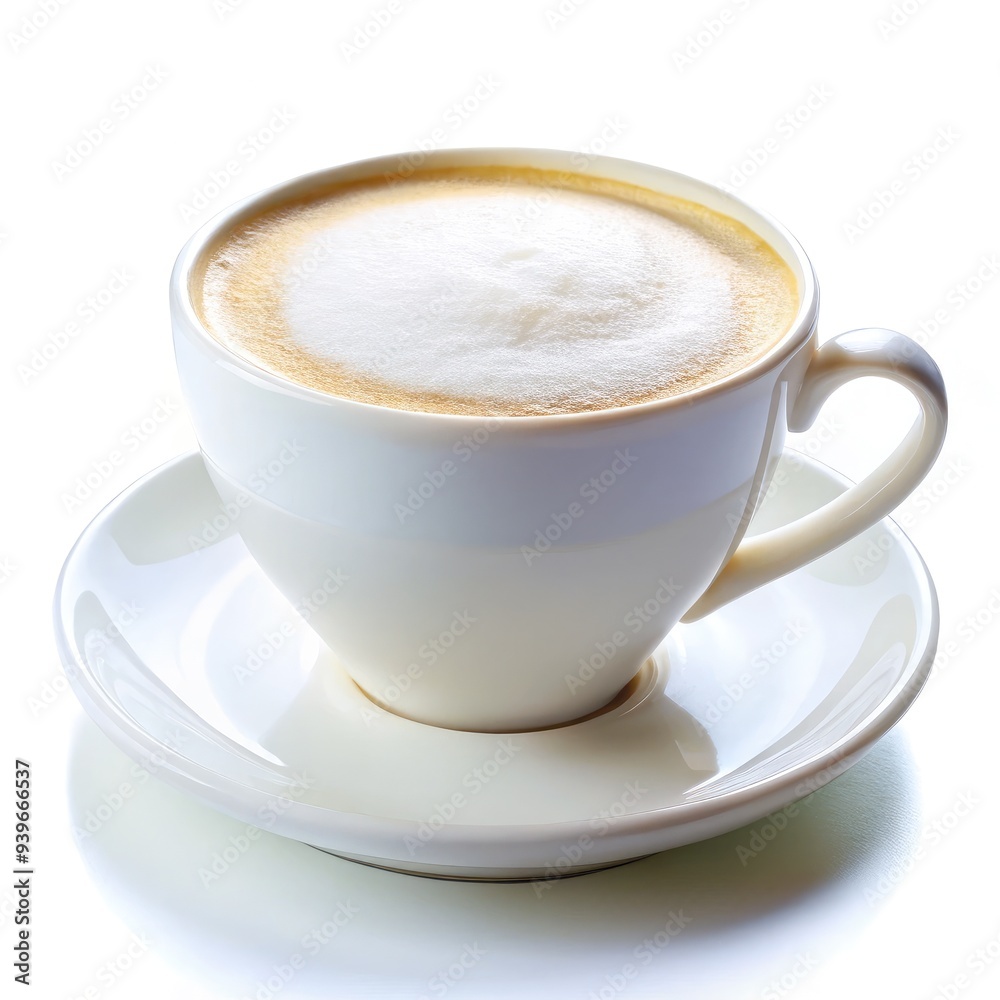 A white cup and saucer filled with creamy milk foam on a bright surface. Generative AI A white cup and saucer filled with creamy milk foam on a bright surface. Generative AI