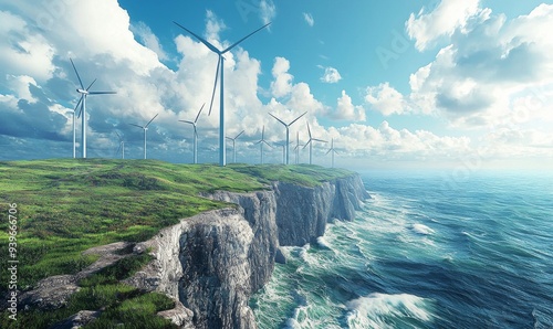 Coastal Wind Turbines Generating Clean Energy on Vibrant Cliff photo