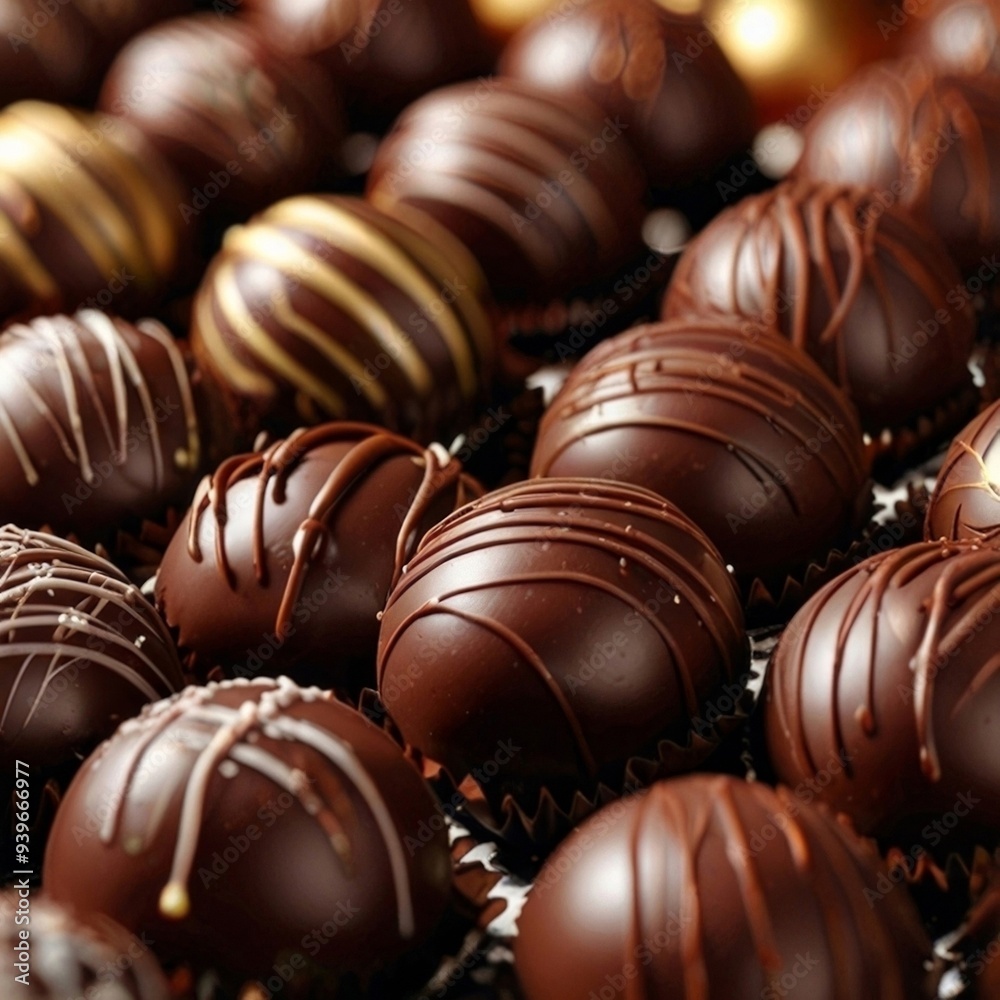 Exquisite chocolate truffles, perfectly round and rich, are embellished with fine drizzles of white and milk chocolate against a dark backdrop, offering a promise of sweet delight. AI generated. Exquisite chocolate truffles, perfectly round and rich, are embellished with fine drizzles of white and milk chocolate against a dark backdrop, offering a promise of sweet delight. AI generated.