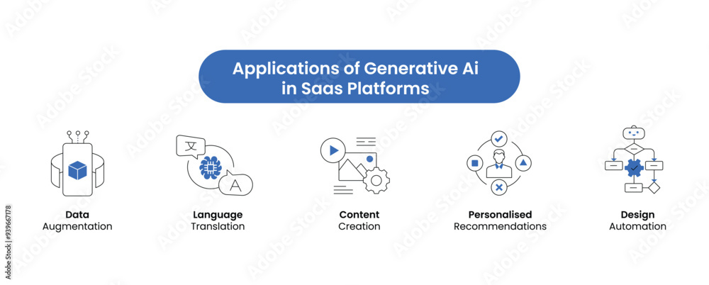 AI Applications in SaaS Platforms Icon Collection - Focus on Data Augmentation, Language Translation, and Design Automation. Vector Icons. AI Applications in SaaS Platforms Icon Collection - Focus on Data Augmentation, Language Translation, and Design Automation. Vector Icons.