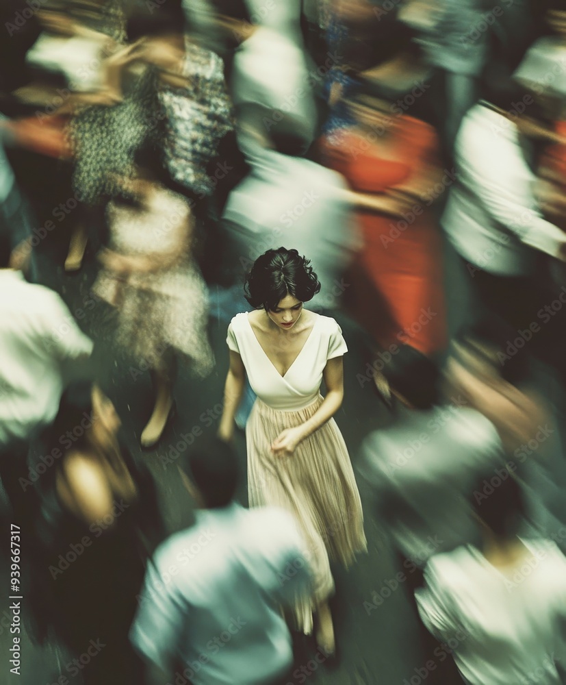 Obraz premium A woman in a cream dress stands out in a bustling crowd during a festival
