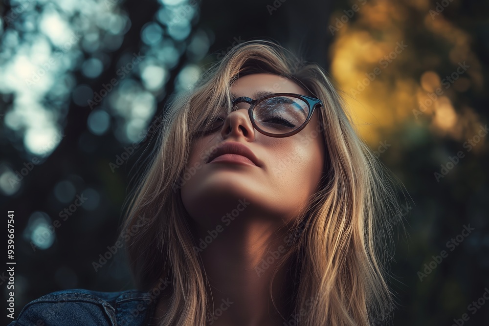 A person with blonde hair illuminated by sunlight in a dark, atmospheric forest, emphasizing beauty and contrast. A person with blonde hair illuminated by sunlight in a dark, atmospheric forest, emphasizing beauty and contrast.