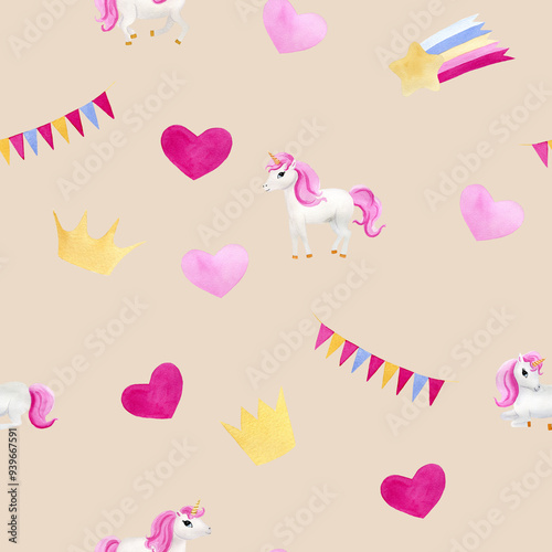 Children's cute seamless pattern with rainbow, heart, crown, flags and unicorn. Watercolor illustration on pink background. For fabric, textile