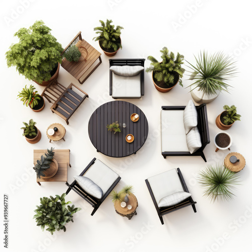 generated illustration top view of back yard modern wooden patio furniture with plants