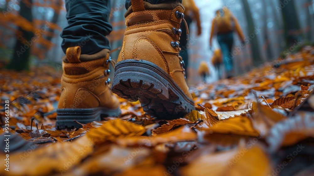 Woodland Hiking: People's Shoes Trekking and Walking in a Row through the Forest
