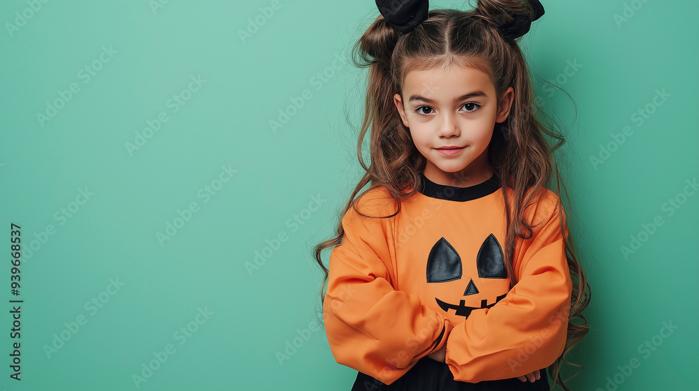 Child standing in halloween costume on green background Child standing in halloween costume on green background