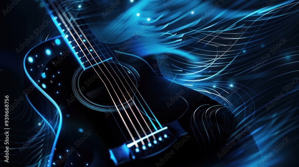 Naklejka premium Acoustic Guitar with Blue Light Streaks
