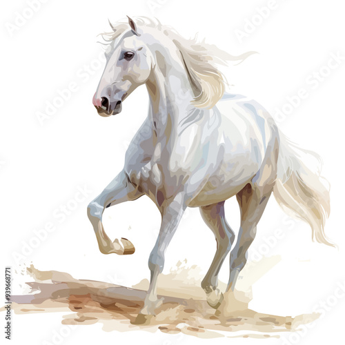 Vector illustration of a cartoon animation of white stallion, painted in watercolor, isolated on a white background, white stallion animation