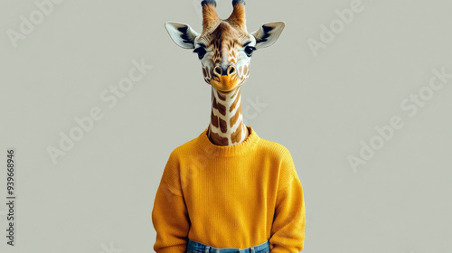 Giraffe wearing yellow sweater against grey background, quirky and creative animal portrait concept