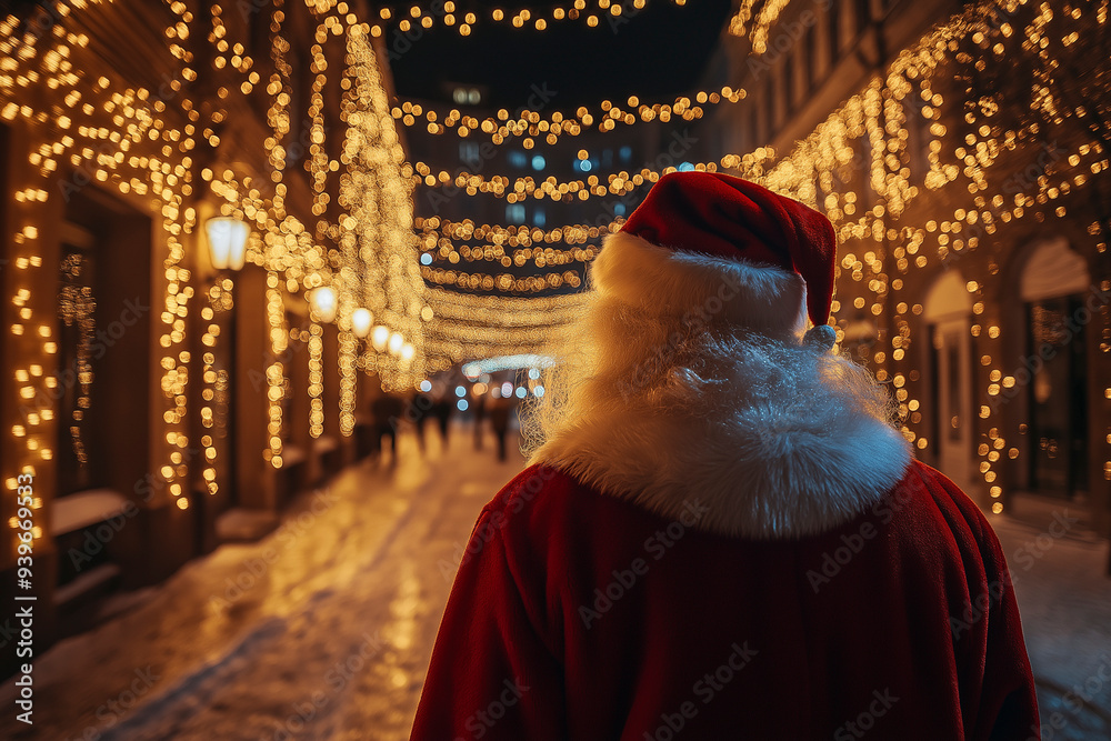 Obraz premium Santa Claus walking down city street. View from back