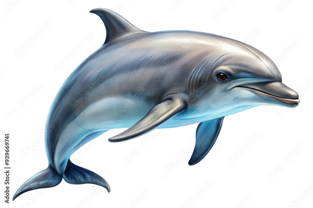 Fototapeta premium A detailed illustration of a dolphin, showcasing its sleek, streamlined body and friendly expression. The image captures the essence of these intelligent creatures, symbolizing grace, intelligence, an