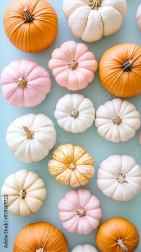 Colorful pumpkins arranged on light blue background, autumn harvest concept