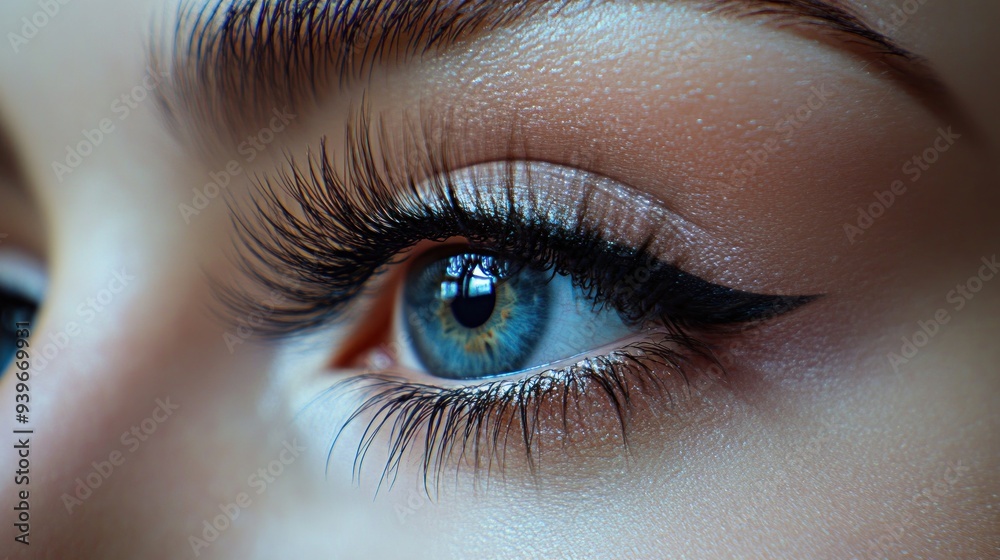 Obraz premium Close-up of a Blue Eye with Long Eyelashes and Makeup