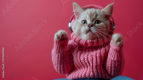Cute kitten wearing pink sweater and headphones, isolated on pink background. Adorable pet and music concept