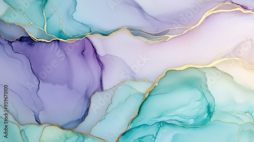 Wallpaper Mural Abstract fluid art with teal and purple hues, gold accents. Contemporary art and modern decor concept Torontodigital.ca