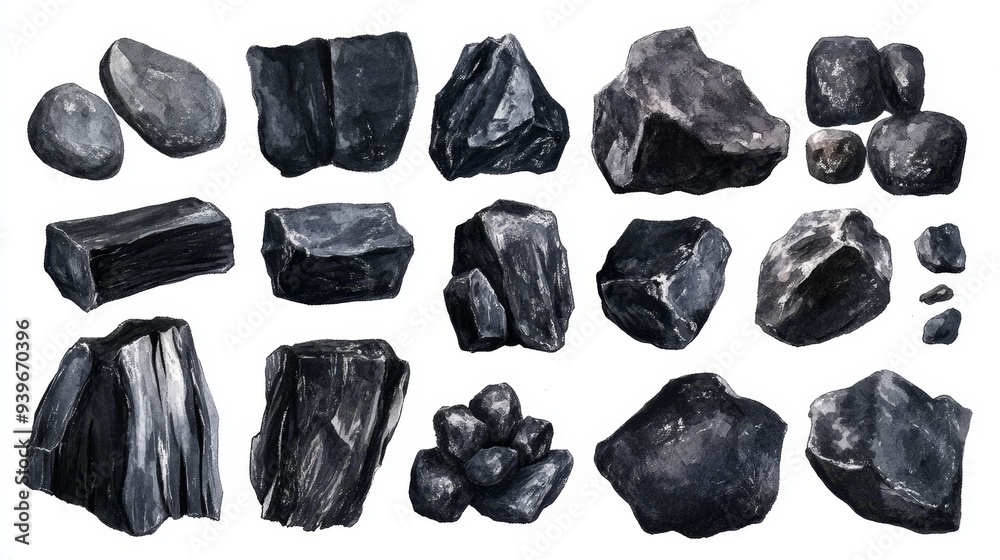 Coal. White background. Watercolor illustrations set Coal. White background. Watercolor illustrations set