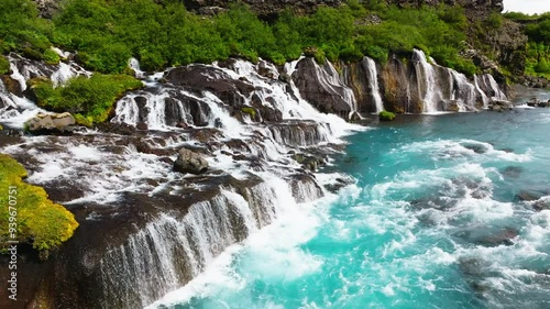 Aerial view of Hraunfossar waterfalls on Iceland.