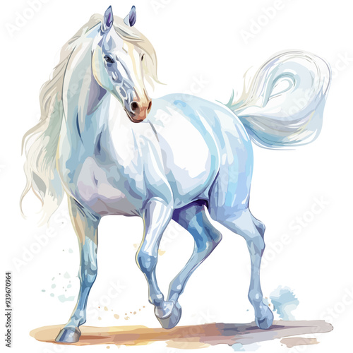 vector illustration of a cartoon white stallion animation, painted with watercolor, isolated on a white background, white stallion animation