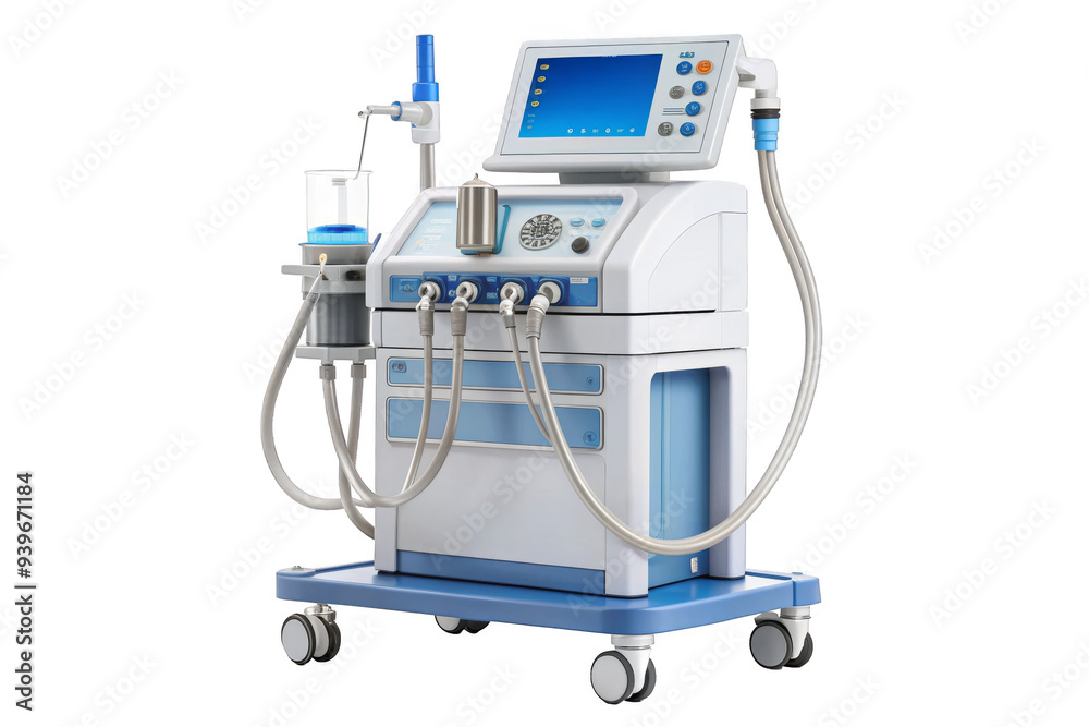 A modern medical ventilator designed for critical care, showcasing advanced technology and features for respiratory support. It symbolizes life support, medical innovation, patient care, technological A modern medical ventilator designed for critical care, showcasing advanced technology and features for respiratory support. It symbolizes life support, medical innovation, patient care, technological