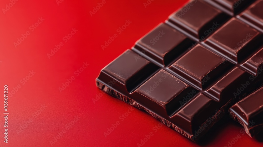 Close-up of a dark chocolate bar against a red background, showcasing the texture and rich color of the chocolate. Close-up of a dark chocolate bar against a red background, showcasing the texture and rich color of the chocolate.